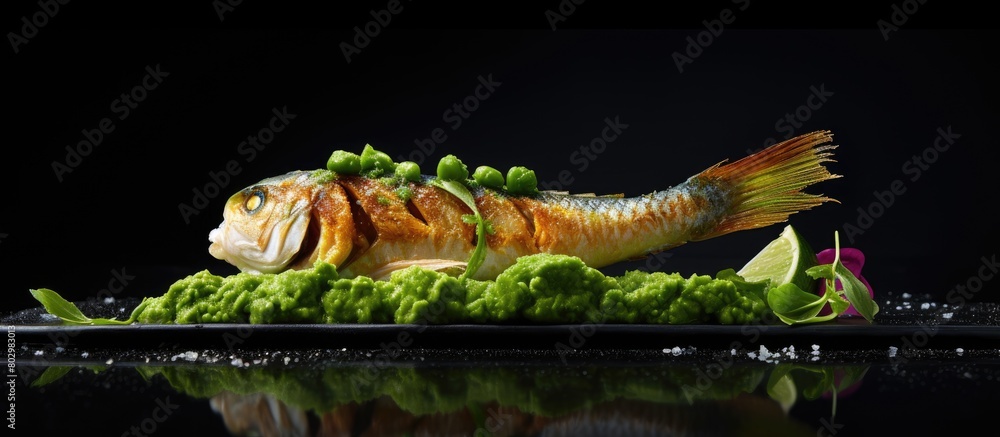 Poster a crispy ocean perch with a velvet snow peas puree and vibrant adamame ready for a photo shoot with 