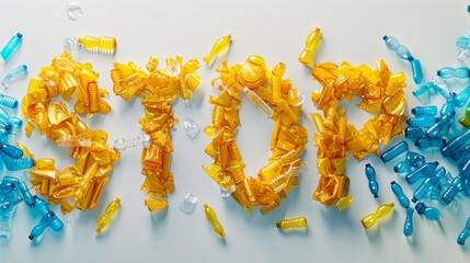 Obraz premium High-resolution image of an environmental message created with discarded plastic bottles arranged to spell 