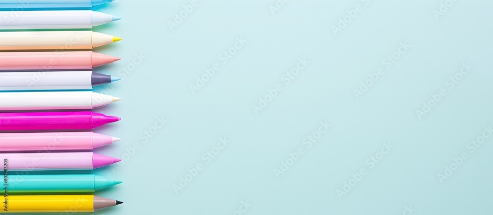 Poster a copy space image of a silver ballpen placed on a white background surrounded by colorful pastel st