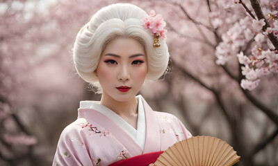Elegant Woman in Traditional Japanese Kimono Under Cherry Blossoms
