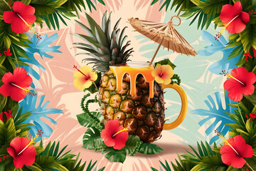 Summer Tropical Cocktail in Pineapple-Shaped Glass on Floral Background