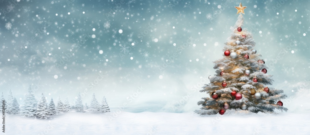 Poster A Christmas greeting card with a festive Noel background and New Year symbols It features decorations on a Christmas and New Year s tree set against a white snowy backdrop Includes copy space image