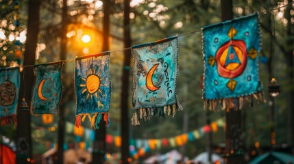 Fototapeta premium colorful flags with sun, moon and star symbols hang from a rope in a forest