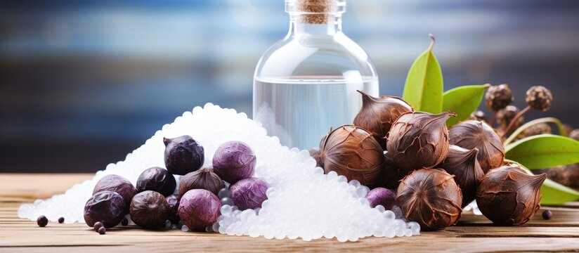 A copy space image of soapnuts and other eco friendly washing chemicals both traditional and modern arranged on a wooden surface
