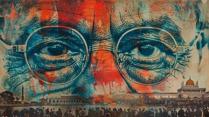 A painting of a man's face with glasses and a crowd of people in the background. The painting is a representation of Gandhi and his teachings