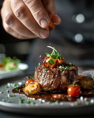 A professional food photograph captures the chef’s hand delicately placing the final touch on an exquisite haute cuisine dish. The carefully plated masterpiece sits on a pristine white plate, each ing