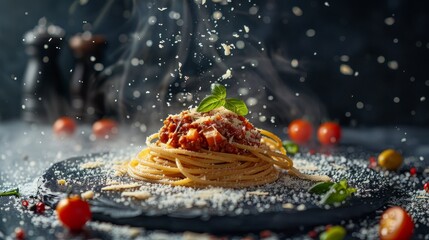 A cinematic top-view shot captures a meticulously arranged plate of spaghetti Bolognese on a sleek black stone surface. Cheese shavings, falling from above, lightly dust the steaming, rich pasta, whil