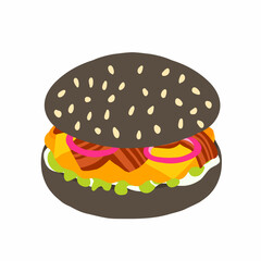 Burger with dark bun, chicken cutlet, lettuce leaf, sauce, bacon, cheese, onion. Flat icon in cartoon style. Vector illustration isolated on white background. For menu, poster, infographic, restaurant