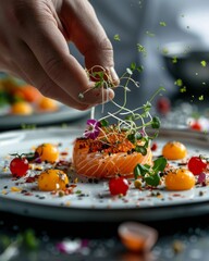 A professional food photograph captures the chef’s hand delicately placing the final touch on an exquisite haute cuisine dish. The carefully plated masterpiece sits on a pristine white plate, each ing