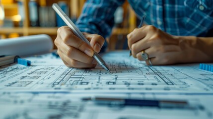 An architect is working on a blueprint.