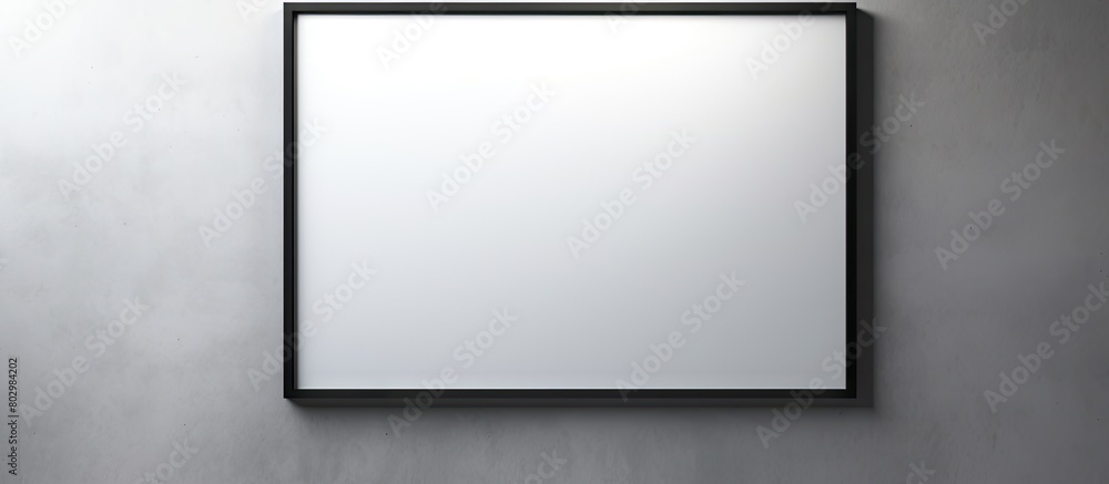 Poster A black picture frame is suspended on a light grey wall creating a blank mockup template. with copy space image. Place for adding text or design