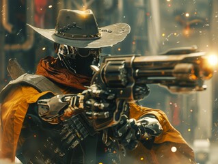 A cinematic still frames a cyberpunk cowboy warrior monk, standing tall in a futuristic dystopian cityscape. Neon lights and holographic signs illuminate his presence, casting a glow on his worn leath