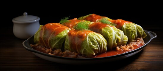 A cabbage roll is a dish made by wrapping cabbage leaves around a filling such as ground meat and rice and baking or simmering them in a sauce. with copy space image. Place for adding text or design