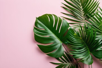 Assorted Lush Green Tropical Plant Leaves Against a Vibrant Pink Background