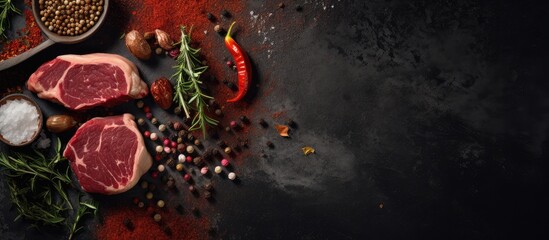 A composition of kitchen accessories with raw meat seasoned with spices presented in a copy space image
