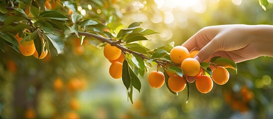 A close up horizontal view of a female hand holding a kumquat against the backdrop of a whole tree providing a copy space image