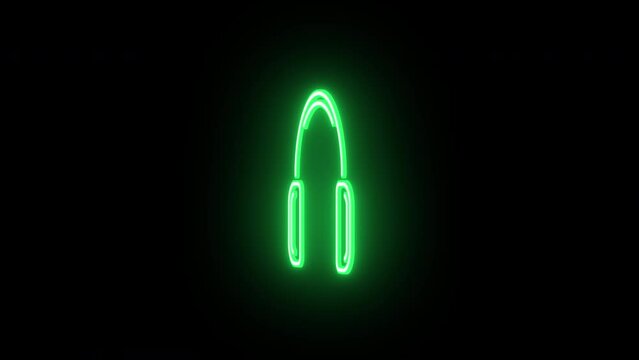 Neon headphones sign animation, rotation around vertical axis. Glowing neon 3D headphones icon, looped spin. Dj earphones, game headset, listen music and podcast, playlist. Green, yellow, orange color