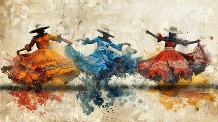 Three women in colorful traditional dresses dancing happily in a field