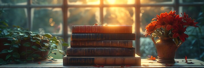 A stack of books written on the spine, sitting on a table in a sunlit room