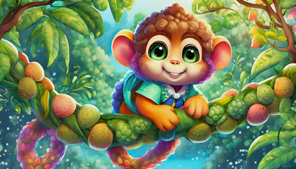 oil painting style CARTOON CHARACTER CUTE baby Monkey hanging on a bamboo branch, animal, 