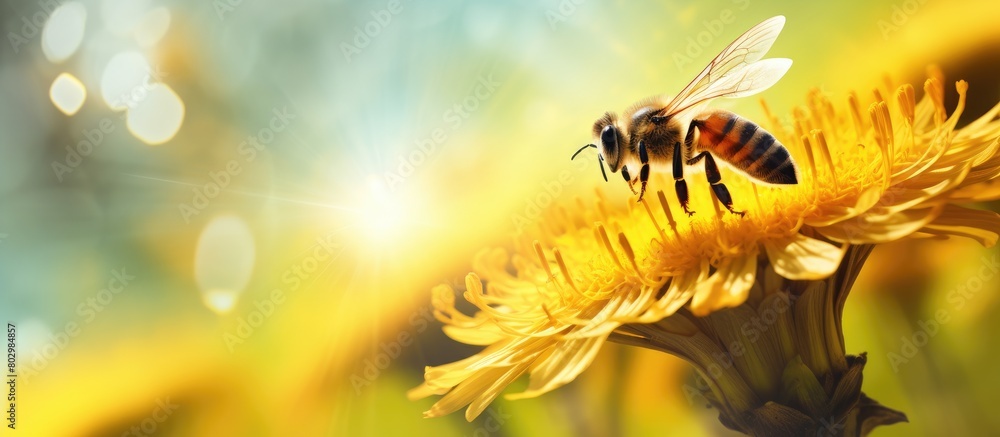 Poster a bee is on a yellow dandelion collecting pollen and nectar to make honey in the hive with plenty of
