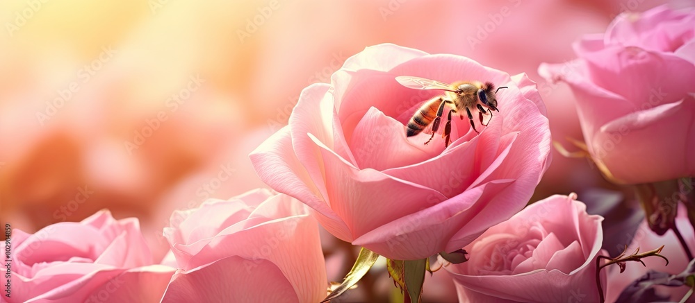 Poster a bee is seen on a pink rose collecting pollen the image provides ample copy space for the viewer to