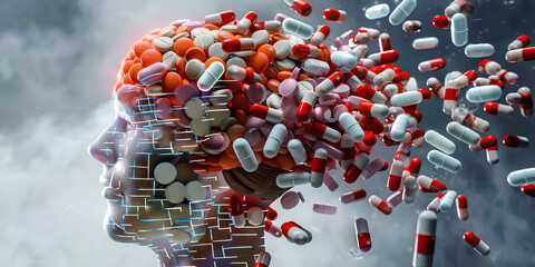 Prescription Drug-Induced Neurological Disorders: The Brain Damage and Cognitive Impairment - Imagine a person with a highlighted brain affected by prescription drugs, experiencing brain damage - obrazy, fototapety, plakaty