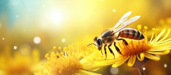 Naklejka premium A bee is on a yellow dandelion collecting pollen and nectar to make honey in the hive with plenty of copy space around the image