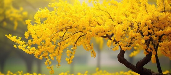 A blooming tree known as yellow Cornelian cherry or European cornel graces the spring garden with its vibrant display. with copy space image. Place for adding text or design