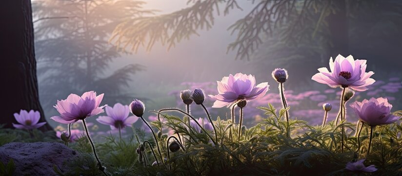 A copy space image featuring a beautiful woodland garden with a blooming purple Pasque flower