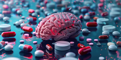 Prescription Drug-Induced Neurological Disorders: The Brain Damage and Cognitive Impairment - Imagine a person with a highlighted brain affected by prescription drugs, experiencing brain damage - obrazy, fototapety, plakaty