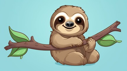 Cute sloth holding wood branch tree cartoon vector icon illustration animal nature icon isolated
