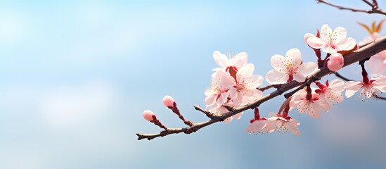 A blooming spring japonica flower on a branch with copy space for additional elements