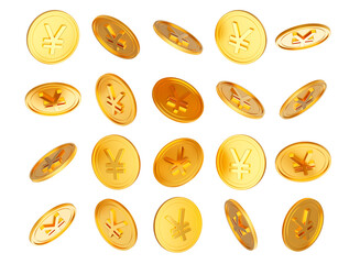 3d Falling Golden Shiny Japanese Yen Rounded Coins On White Background 3d Illustration