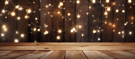 A copy space image featuring enchanting fairy lights against a rustic wooden backdrop - obrazy, fototapety, plakaty