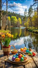 easter decoration in forest on table with colourfull egs near lake