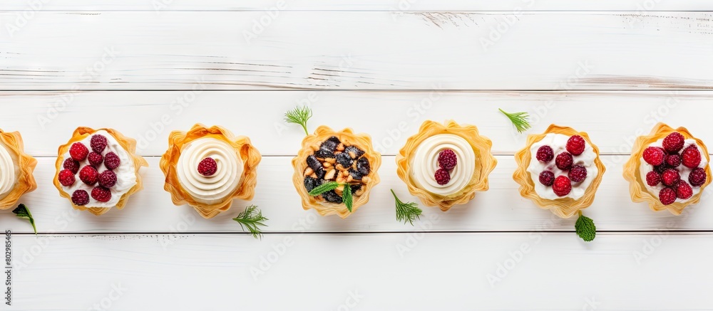 Poster a festive assortment of phyllo pastry appetizers featuring cranberries and baked brie arranged on a 