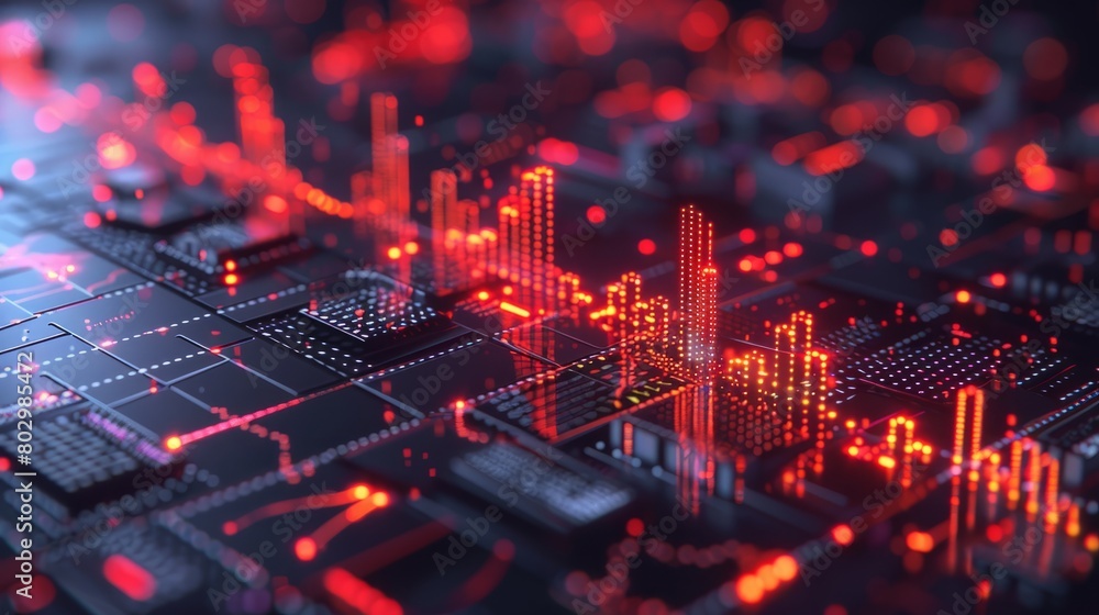 Poster a computer chip with red lines and squares