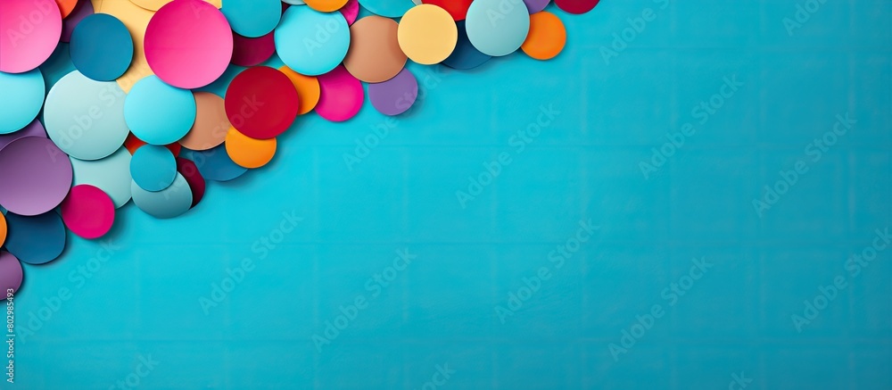 Aufkleber A colorful abstract backdrop with scattered paper circles creates a festive composition for celebration This beautiful decor for the party offers a view from above emphasizing the flat lay of the cop