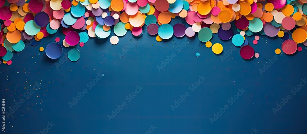 Poster A colorful abstract backdrop with scattered paper circles creates a festive composition for celebration This beautiful decor for the party offers a view from above emphasizing the flat lay of the cop