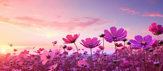 A colorful cosmos flower field stands out against a pink and purple sky background leaving a copy...