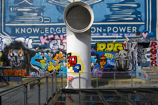 Paris, France - March 11, 2024. Artistic wall background in the Igor-Stravinsky Square, Saint-Merri district of Paris, France. 