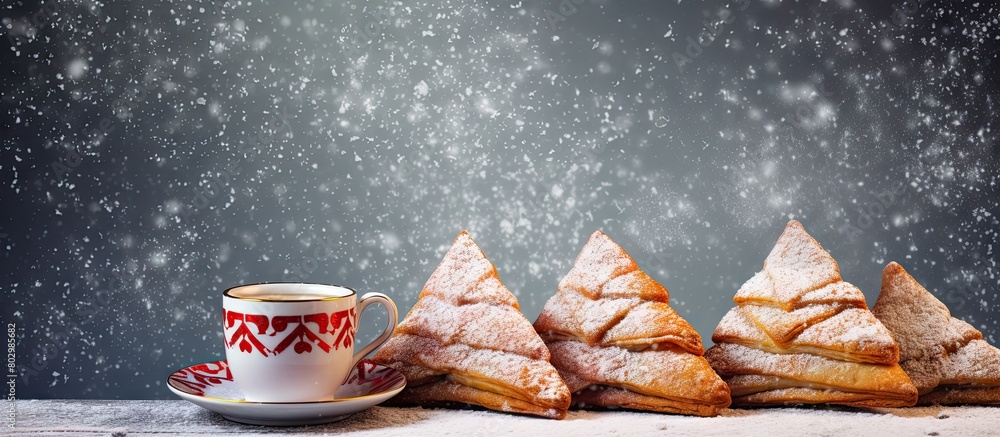 Aufkleber A copy space image of Christmas themed triangular cookies dusted with powdered sugar and cinnamon on a napkin with a zigzag pattern Accompanied by a red coffee mug adorned with marshmallows spruce br