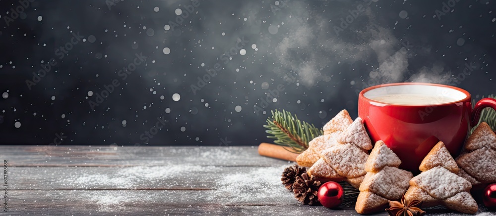 Poster A copy space image of Christmas themed triangular cookies dusted with powdered sugar and cinnamon on a napkin with a zigzag pattern Accompanied by a red coffee mug adorned with marshmallows spruce br