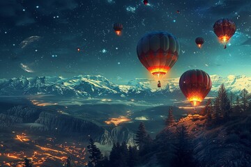 Multiple colorful hot air balloons soar over a majestic mountain landscape, creating a striking and vibrant scene against the sky. Generative AI