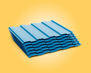 Blue Metallic Stacks Of Corrugated Galvanised Iron For Roof Sheets Yellow Background 3d Illustration
