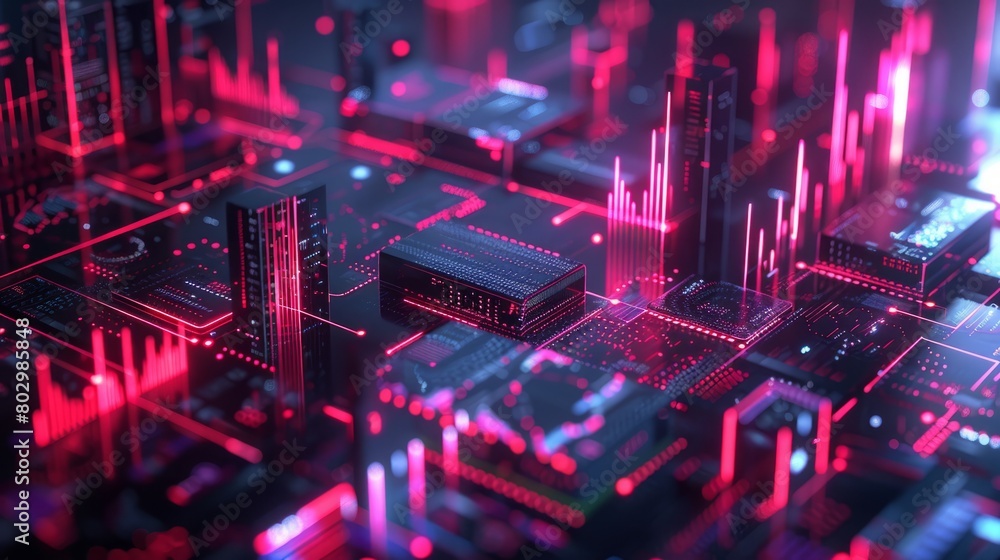 Poster a computer chip with a city on it. the city is made up of many small squares and is very colorful
