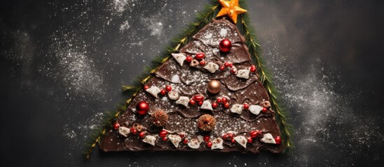 A festive Christmas tree made of chocolate brownies is adorned with chocolate icing and festive sprinkles It sits on a stone table evoking the sweet and homemade essence of Christmas food ideas durin