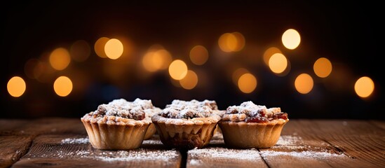 A delicious bunch of mince pies arranged on a rustic table with plenty of empty space for photography. with copy space image. Place for adding text or design