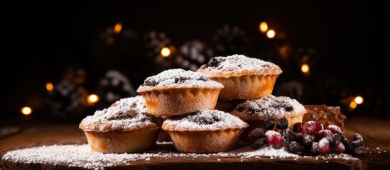 A delicious bunch of mince pies arranged on a rustic table with plenty of empty space for photography. with copy space image. Place for adding text or design